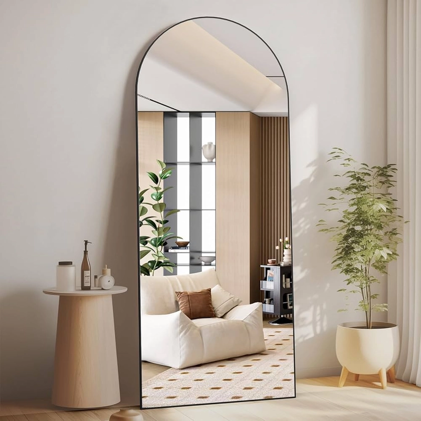 CASSILANDO Miroir Pleine Longueur, 165x60cm Miroir voûté, Miroir de Sol avec Support, Miroir Complet du Corps, Suspendu ou Contre Le Mur, Miroir Vertical Noir vestiaire Grand Miroir de Chambre (Noir)