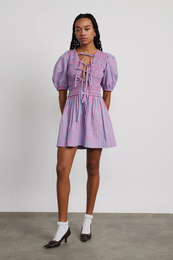 bluebelle shirred mini dress - pink & blue stripe