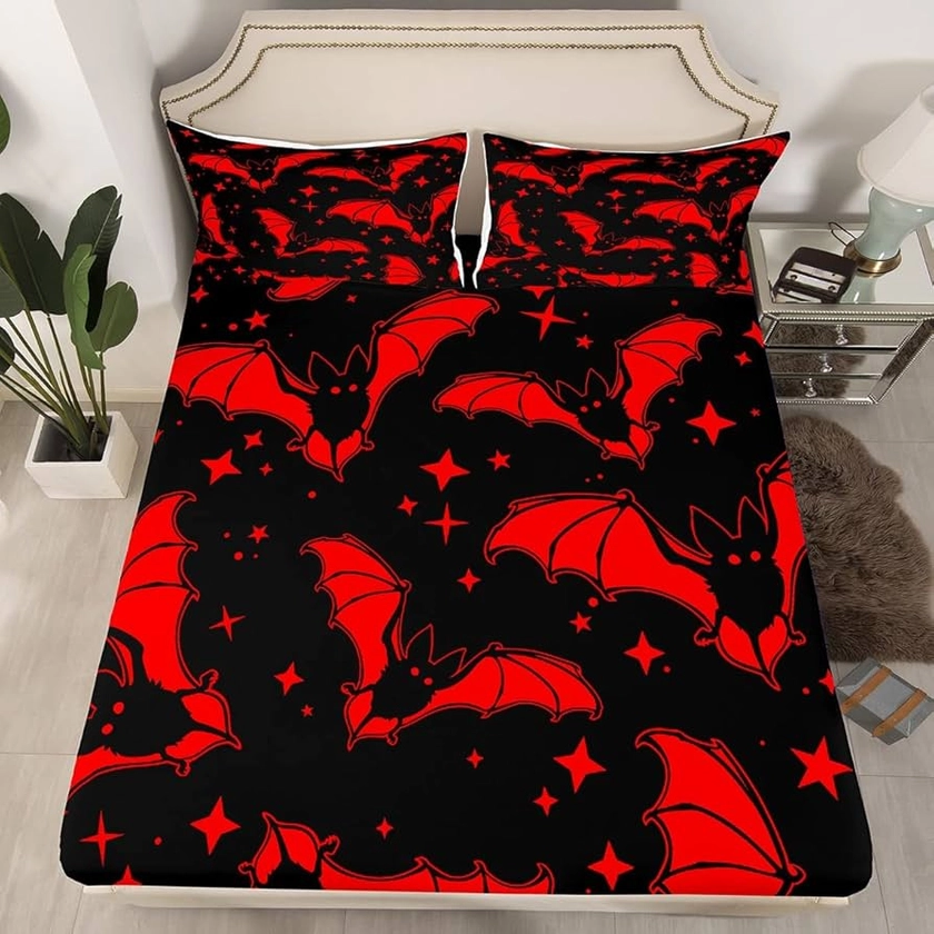 Bats Halloween Decoration,Bat Bed Sheets Full Size Glitter Stars Galaxy Bedding Set for Kids Child,Cute Cartoon Animal Fitted Sheet Halloween Decorations Red and Black,Gothic