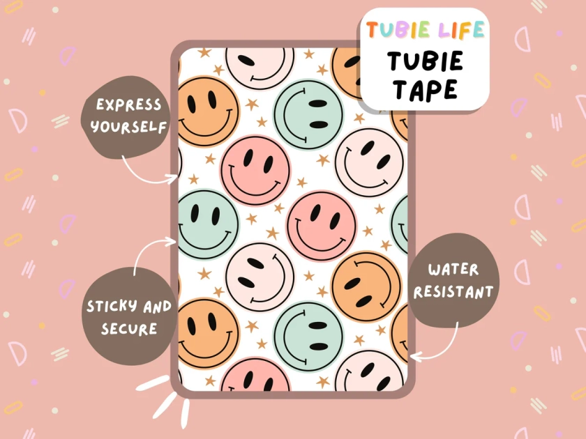 TUBIE TAPE Tubie Life groovy faces ng tube tape for feeding tubes and other tubing Full Sheet