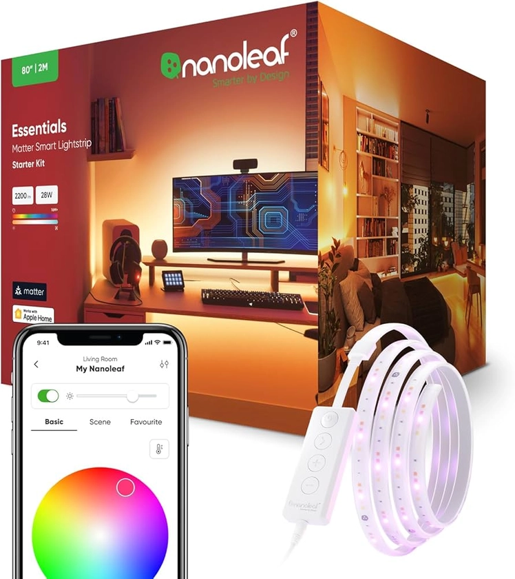 Nanoleaf Matter Essentials Lightstrip Kit de Démarrage, Ruban LED 2M RGBW connecté - Bande LED 16M Couleurs, Matter sur Thread, Bluetooth, Compatible Google Home Apple, Salon Chambre Bureau Gaming