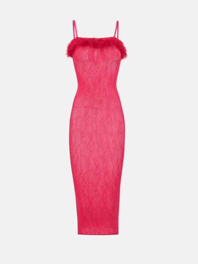 Vanderbeck Maribou Feather Bodycon Midi Dress Red | POSTER GIRL