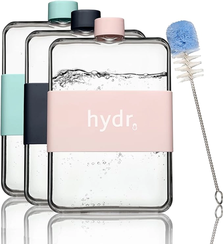 hydr™ Flat Water Bottle For Handbag & Flexible Cleaning Brush | 450ml BPA Free Mini Water Bottle | Leak/Drop Proof Slim Travel Water Bottle, Small Water Bottle for Handbag