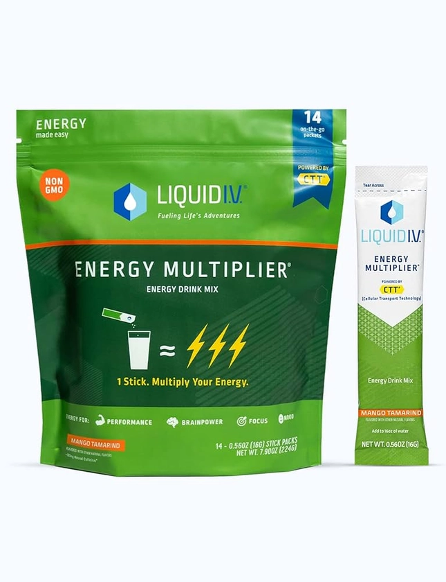 Amazon.com: Liquid I.V. Hydration + Energy Multiplier - Mango Tamarind - Hydration Powder Packets | Electrolyte Drink Mix | Easy Open Single-Serving Stick | Non-GMO | 14 Sticks : Health & Household