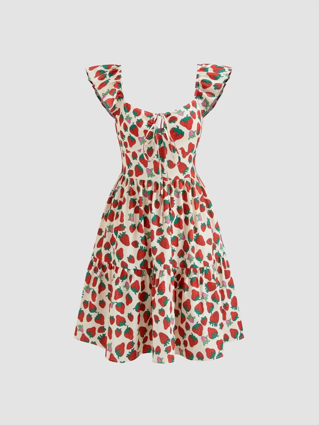 Woven Square Neck Strawberry Graphic Knotted Mini Dress For Date