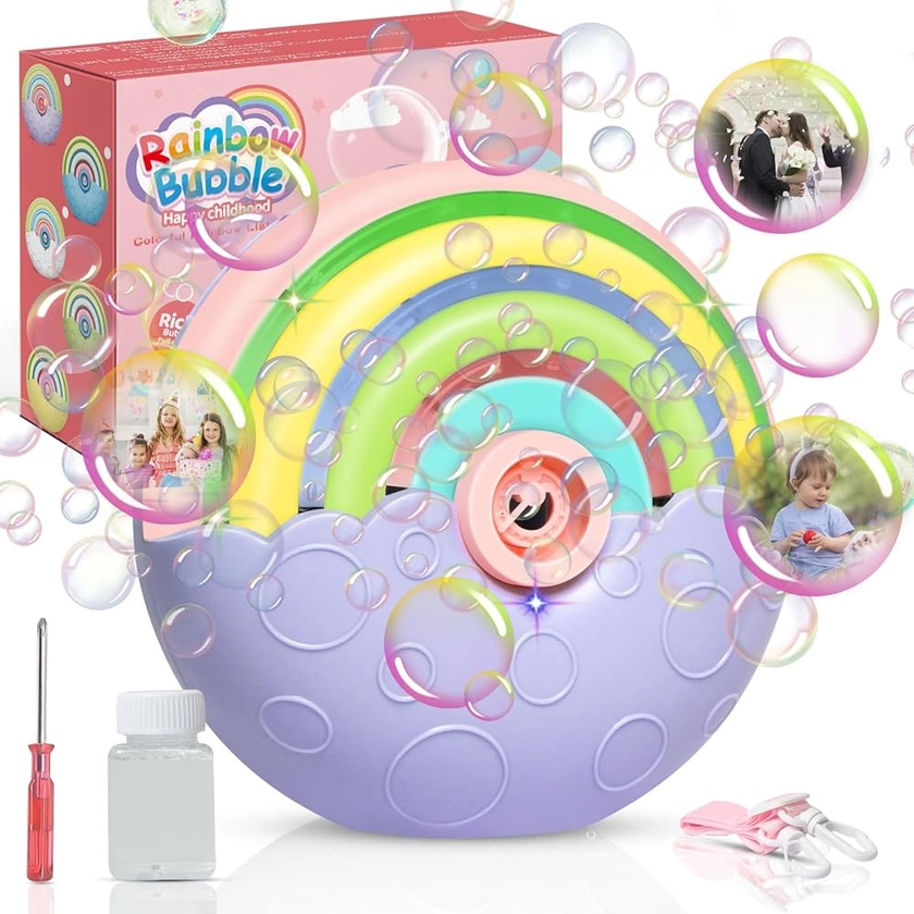 Bubble Machine, Portable Automatic Bubble Blower Machine For kids, 2000+ Bubbles per Minute, Silent Design Rainbow Bubble Maker Machine with Bubble Solution/Lanyard/Battery Powered, Birthday Gifts
