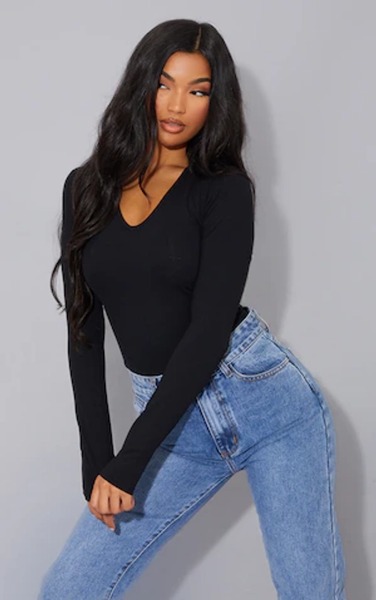 Basic Black Cotton Blend V Neck Long Sleeve Bodysuit