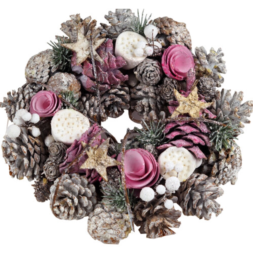 Pink Christmas Door Wreath 26cm Pine Cones Star Rose Decoration on OnBuy