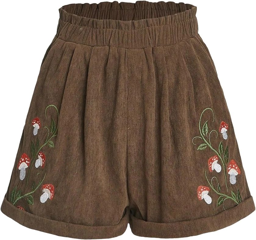 COZYEASE Women's Plants Embroidery Corduroy Shorts Paperbag Waist Elastic Waist Straight Leg Casual Shorts