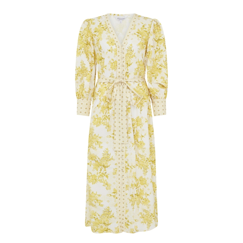 Aaliyah Button Through Long Sleeve Midi Dress In Yellow Floral by Raishma