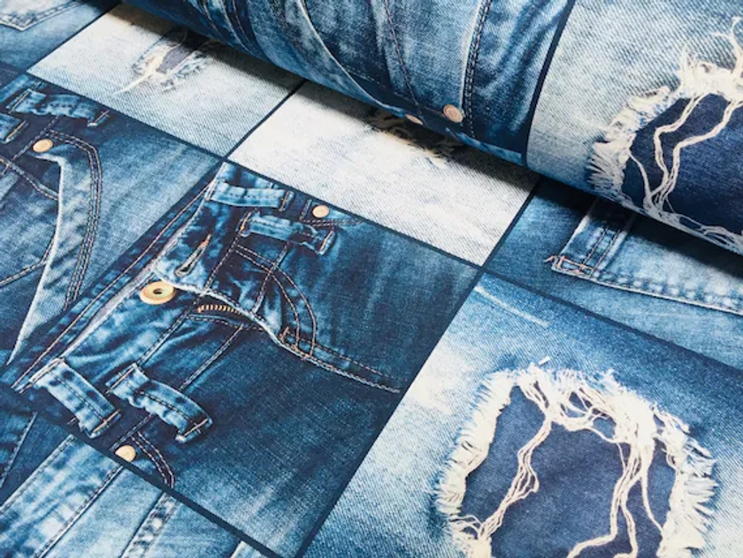 DIGI DENIM JEANS Effect Fabric for Furnishing Curtains, Backdrop blue patchwork cotton material 55&quot;/140cm extra wide jeans print canvas