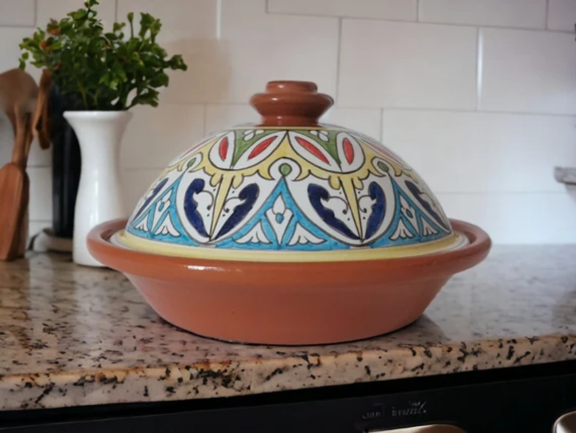 Large cooking Tagine Pot, Lead-Free, Blue, White, Green Handmade Baking Dish, Food Safe clay cookware casserole