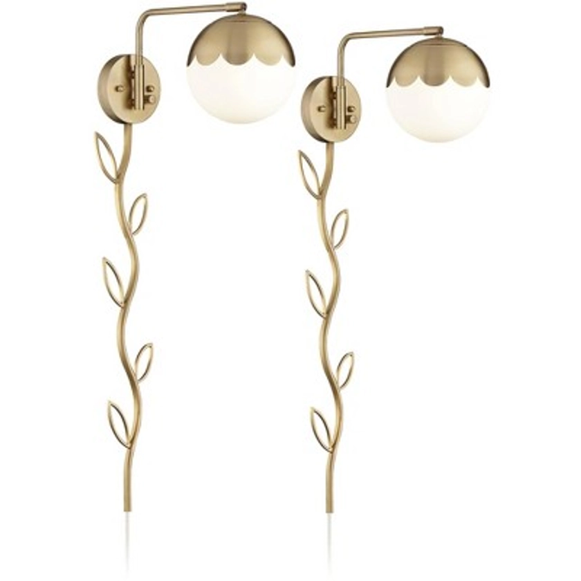 360 Lighting Kelowna Modern Swing Arm Wall Lamps Set of 2 with Cord Cover Brass Plug-in Light Fixture Glass Globe Shade for Bedroom Bedside Reading