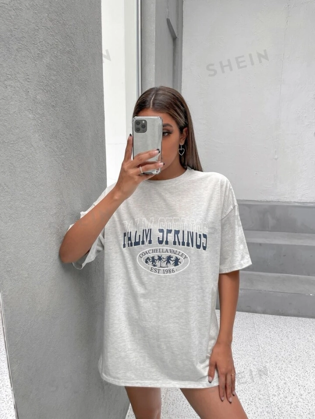 SHEIN EZwear Letter Graphic Oversized Longline Tee | SHEIN USA
