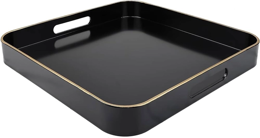Black Square Decorative Tray with Handles, 13"*13" Versatile Serving Tray for Coffee Table, Ottoman, Ideal for Serving, Displaying, Organizing