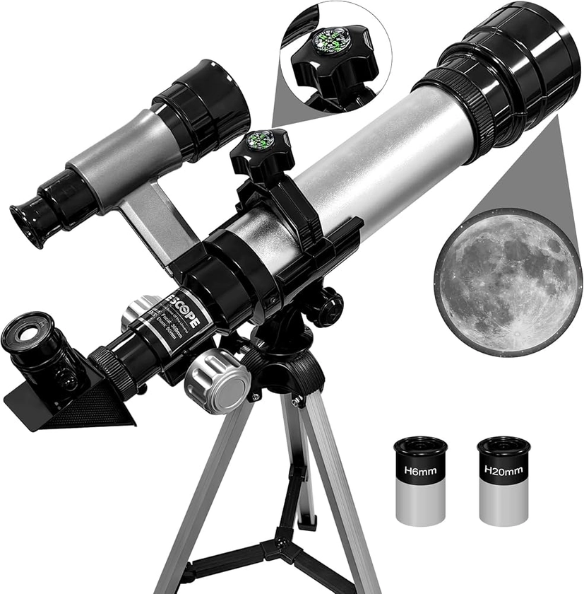 ALEENFOON Telescope for Kids Beginners Adult, 50mm Astronomical Refractor Telescope with Adjustable Tripod Compass and Finder Scope- Portable Travel Telescope Perfect for Children Teens