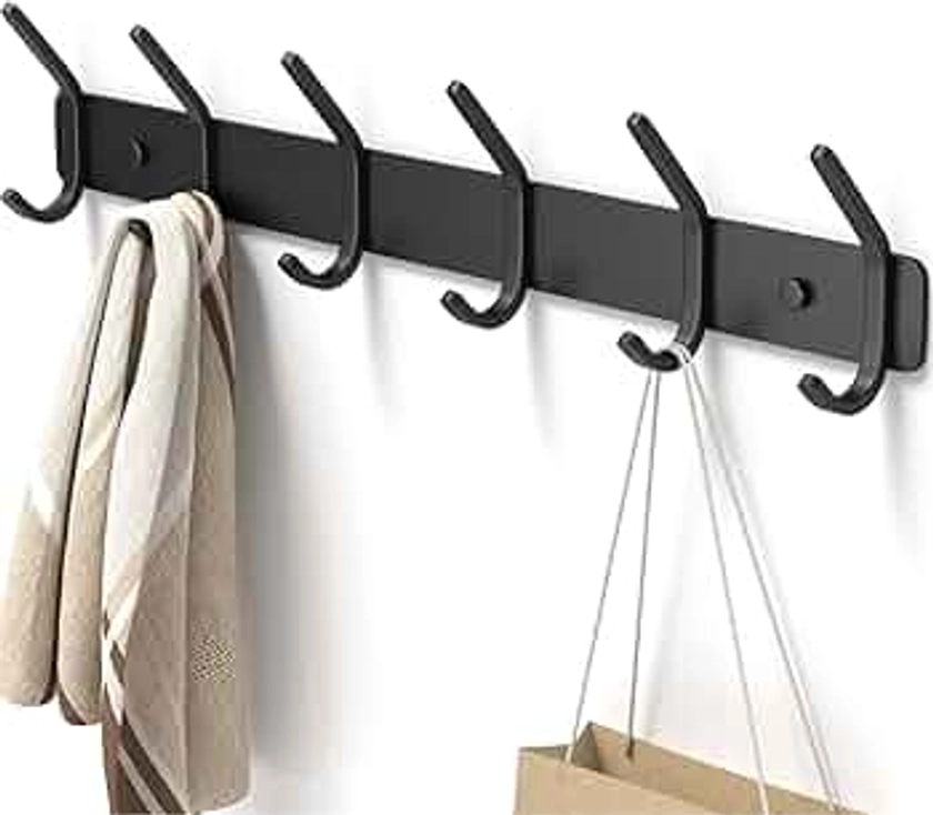 Coat Rack Wall Mount Hooks - Black 15 Inch Heavy Duty Coat Hooks with 6 Double Hooks for Hanging, Hat Rack for Wall, Suitable for Kitchen and Bathroom, 1 Pack