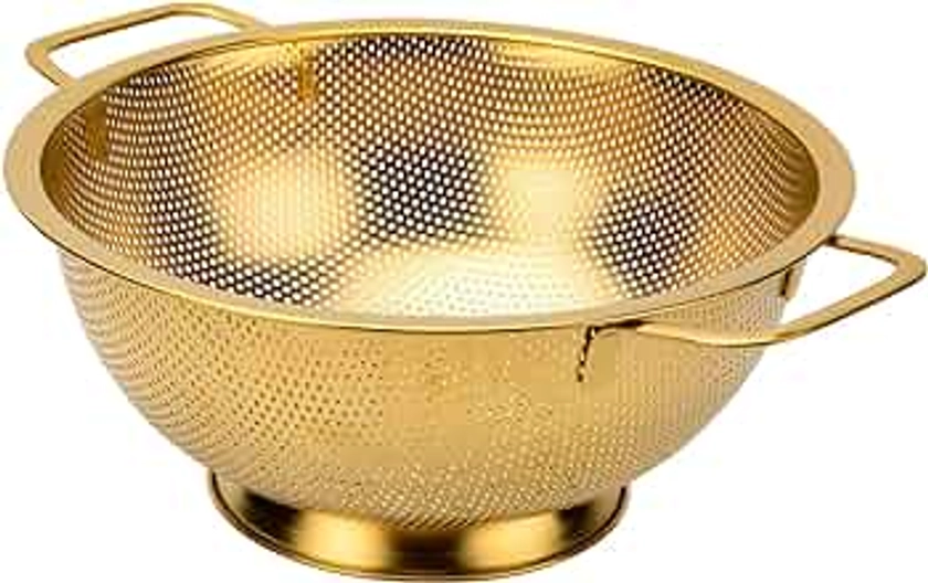 Snailhouse Colander, 5 Quart Stainless Steel Pasta Rice Food Metal Strainer with Handles and Self-draining Base for Kitchen, Gold