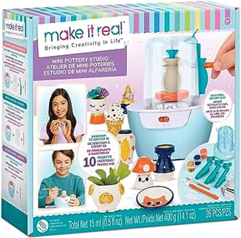 Make It Real: Mini Pottery Studio - 26 pcs DIY Pottery Kit, Mess Free Air Dry Clay, 10 Projects, Tweens, Girls & Kids Ages 8+