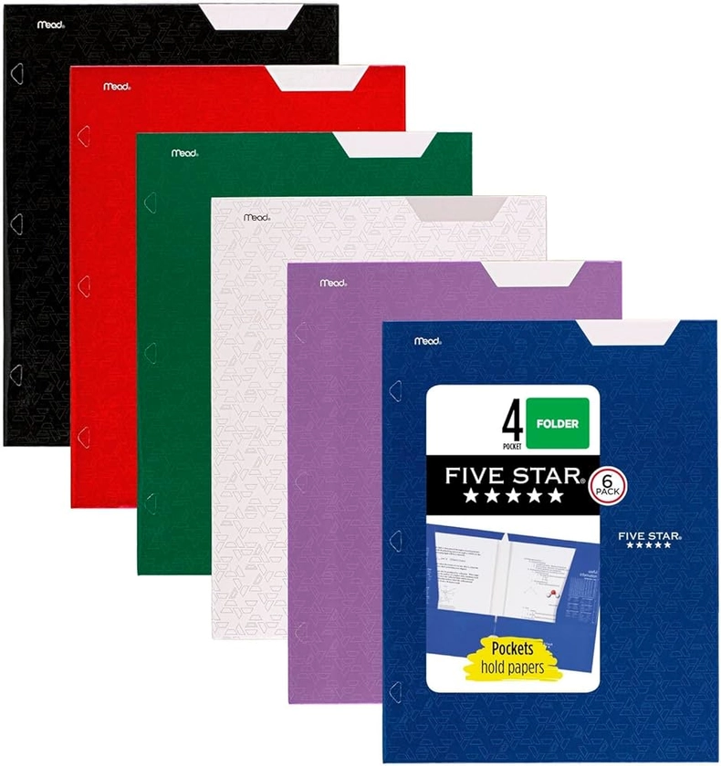 Amazon.com : Five Star 4 Pocket Folders, 6 Pack, Paper Folders, Fits 3-Ring Binders, Holds 8-1/2" x 11" Paper, Writable Label, Black, Fire Red, Forest Green, Pacific Blue, White, Amethyst Purple (38058) : Office Products
