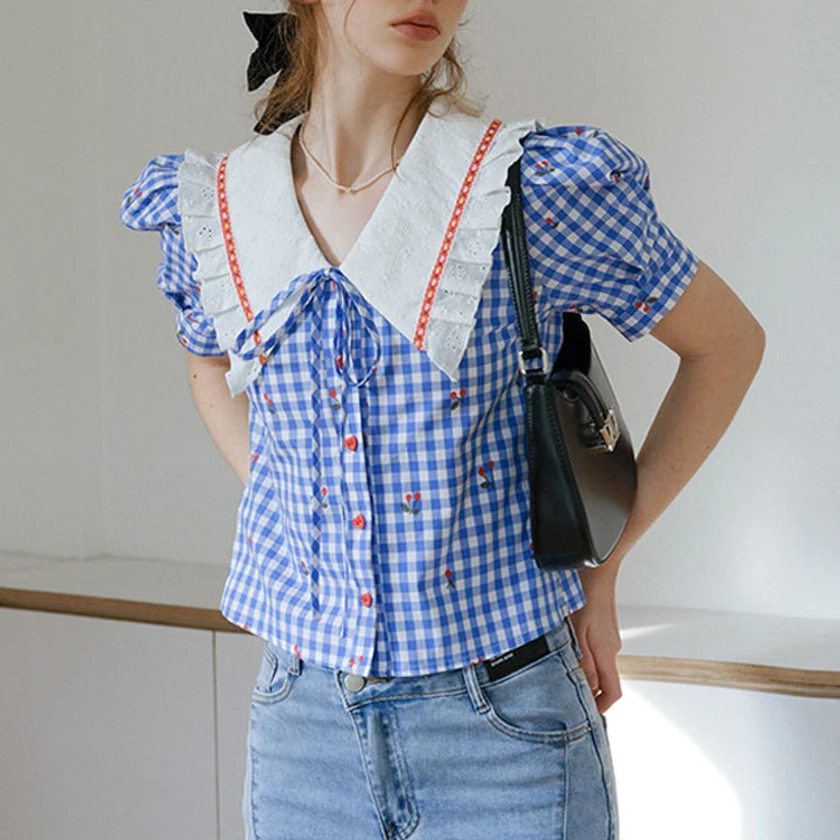 Blue plaid embroidery retro French blouse