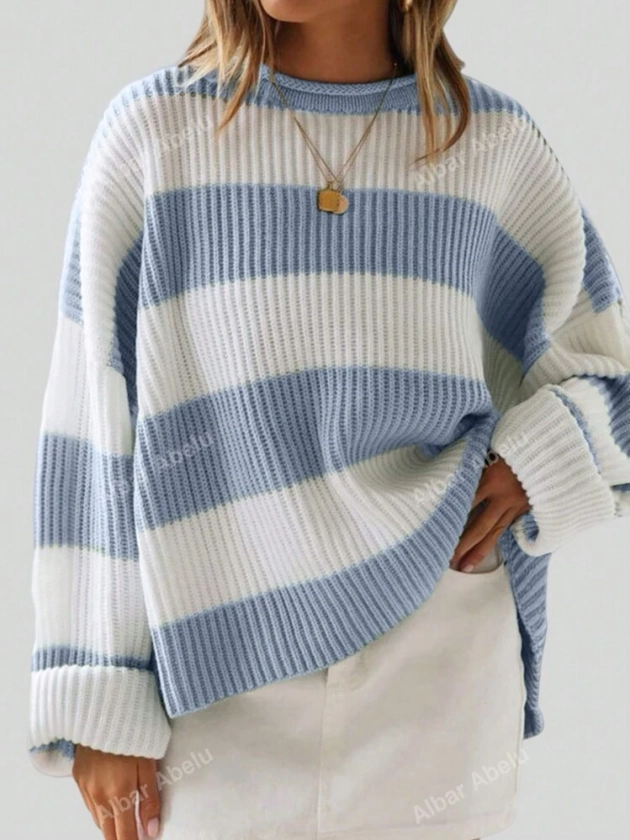 Women's Loose Striped Oversized Sweater With Colorblock And Drop Shoulder Design | SHEIN USA