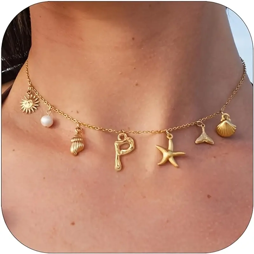 Boho-Chic Gold Letter Pendant Necklace With Shell & Starfish Charms - Perfect For Beach Vacations, Birthdays & Everyday Wear