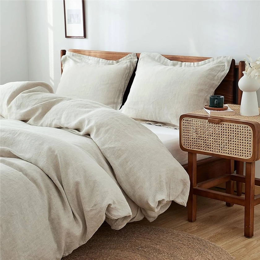 Simple&Opulence 100% Linen Duvet Cover Set 3pcs Basic Style Natural French Washed Flax Solid Color Soft Breathable Farmhouse Bedding with Button Closure - Linen, Full