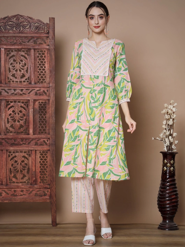 Sangria Green & Pink Tropical Printed Pure Cotton A-Line Kurta & Palazzos