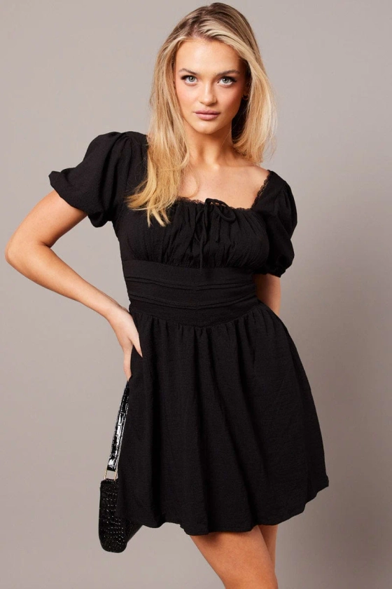 Black Fit And Flare Dress Puff Sleeve