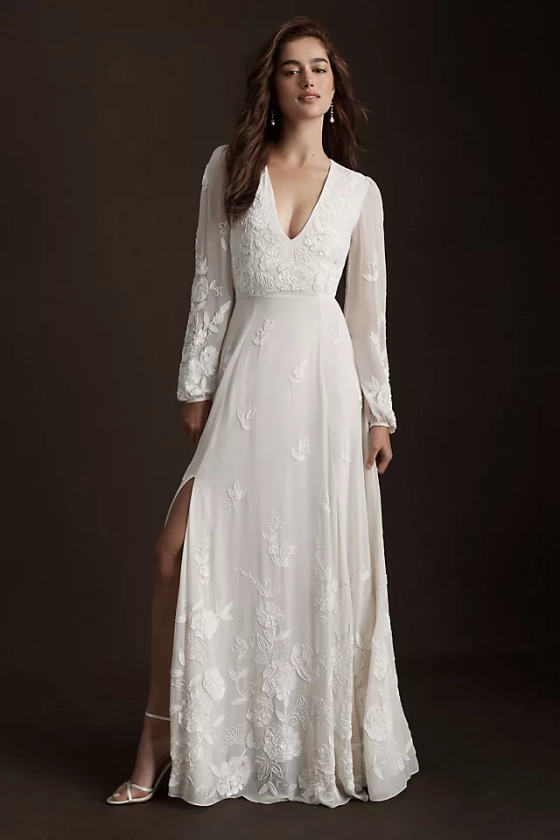 BHLDN Nassau Long-Sleeve Deep-V Embroidered Side-Slit Wedding Gown