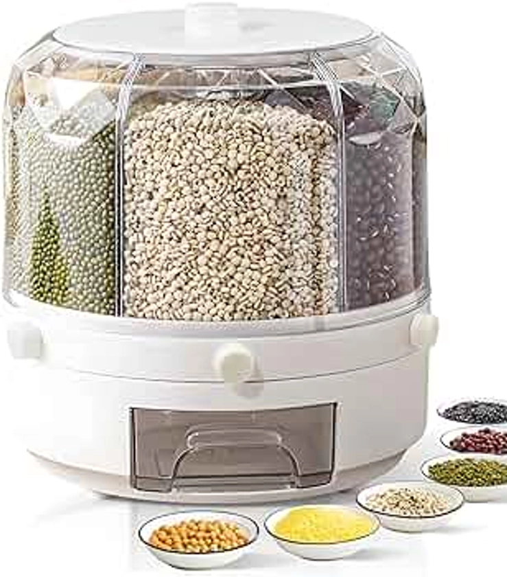 Grain Dispenser, Grain and Rice Storage Container Kitchen, 360° Rotating Rice and Grain Dispenser, Cereal Dispenser, Rotating Dry Food Dispenser for Lentils, Small Beans, Barley, Millets