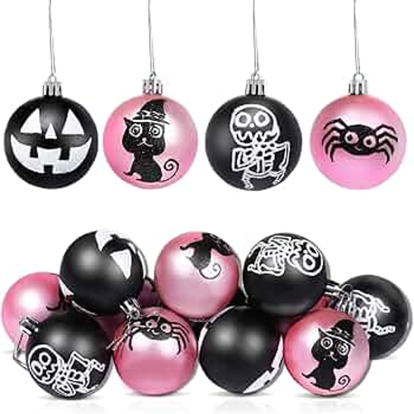 RAYNAG 12 Pieces Halloween Ball Ornaments Halloween Tree Hanging Ornament Pink Black Shatterproof Balls Glitter Hanging Decorations for Holiday Party Decor Home Haunted House Christmas, 2.3 Inch