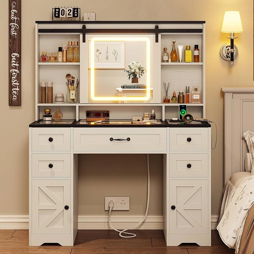 Farmhouse Vanity Desk with Sliding Mirror and Lights, Large Makeup Vanity with Glass Top & Charging Station, Vanity Table with 5 Drawers & Shelves & Cabinets, Antique White