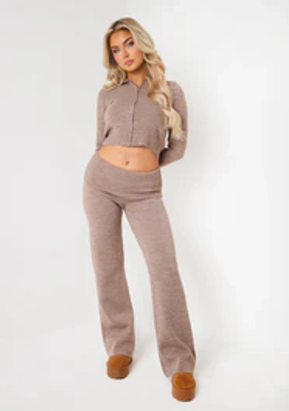 Rina Mocha Knit Fold Over Waist Flare Trousers | Women's Knitted Co-Ord's | MissyEmpire