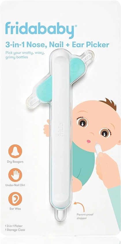 Frida Baby 3-in-1 Nose, Nail + Ear Picker | Baby Ear Cleaner + Baby Nose Cleaner and Nail Tool for Babies + Toddlers, Safely Clean Baby's Boogers, Ear Wax & More | 3-in-1 Picker + Storage Case