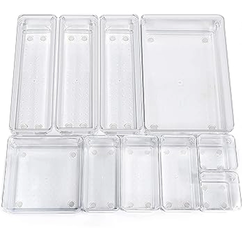 PAIWEI Set of 10 Desk Drawer Organiser Trays with 5-Size Clear Plastic Storage Boxes Divider Make-up Organiser for Kitchen Bedroom Office (Transparent)