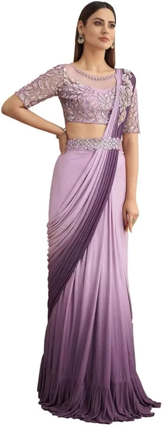 SIRIL Women's Dyed, Ready To Wear, Lace (With Belt) Lycra Saree With Unstitched Blouse(2923S2534_Pink) : Amazon.in: Fashion