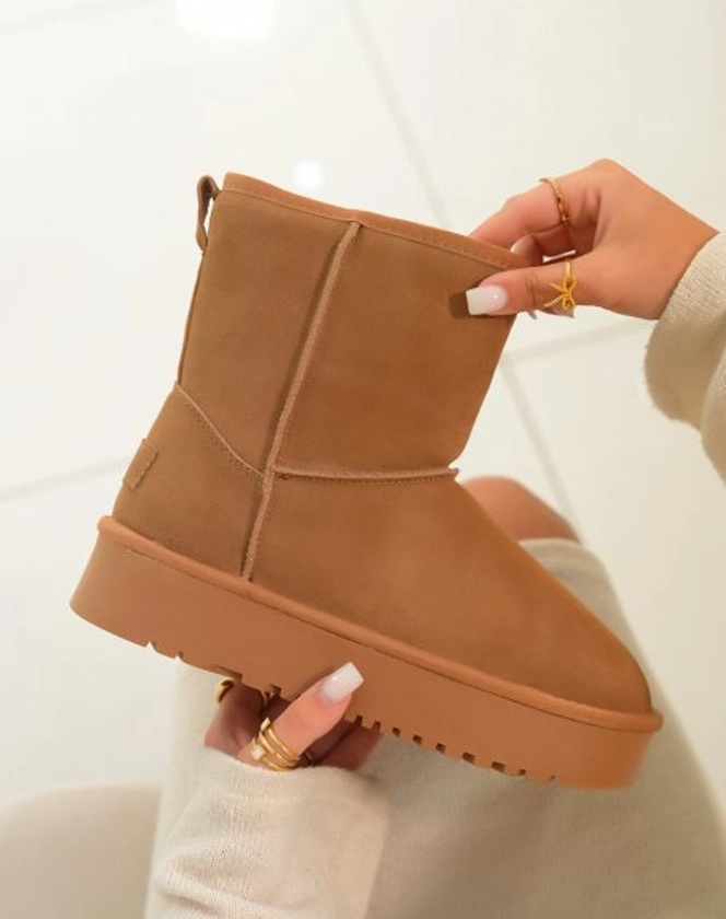 Bottines femme camel en cuir à plateforme épaisse, fourrées et tendance