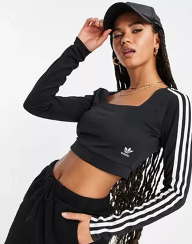 adidas Originals adicolor three stripe long sleeve top in black with square neck | ASOS