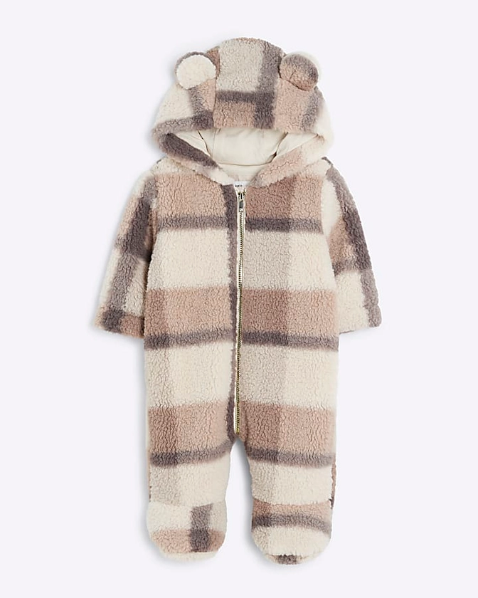 Baby Unisex Beige Borg Checked Pramsuit | River Island