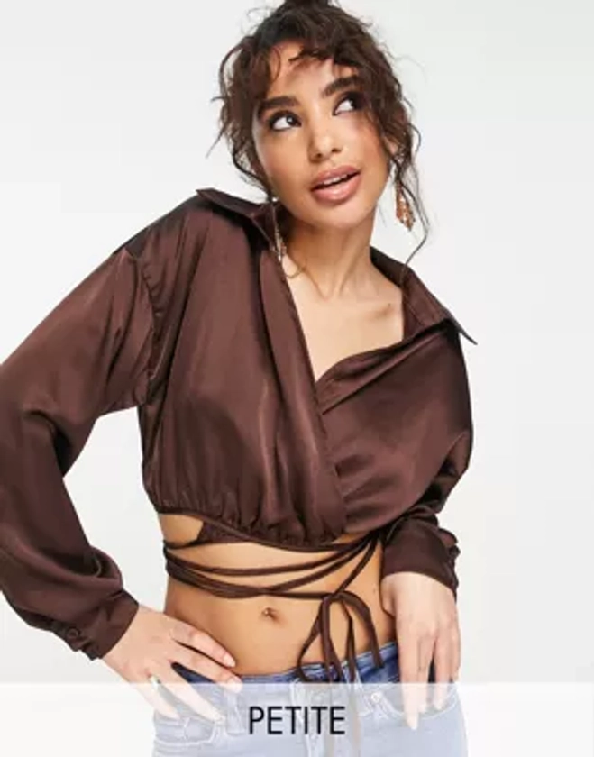 Missguided Petite co-ord satin wrap blouse in brown | ASOS