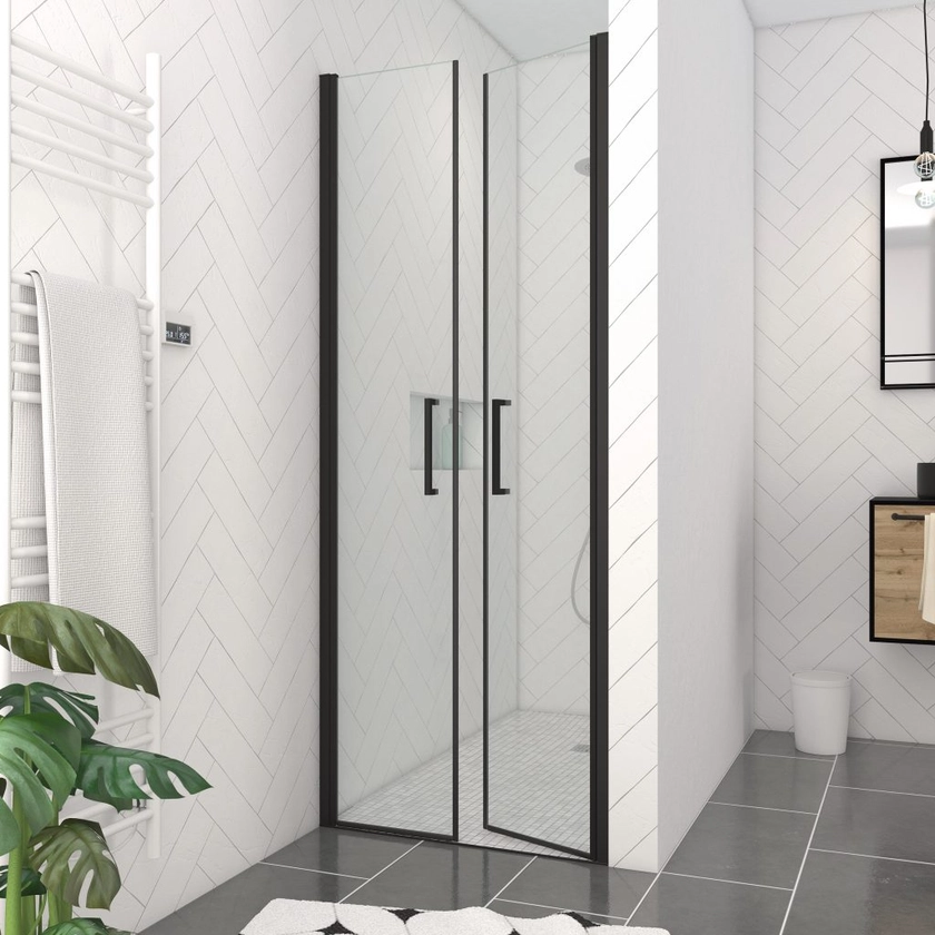 Porte douche battant 90x200 - Verre trempé - Profilé noir mat