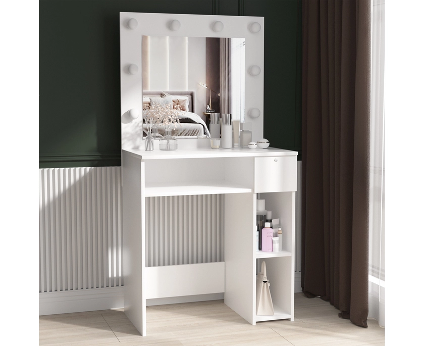 Advwin Dressing Table with Mirror,Drawers and Open Shelves Makeup Dresser Vanity Desk White