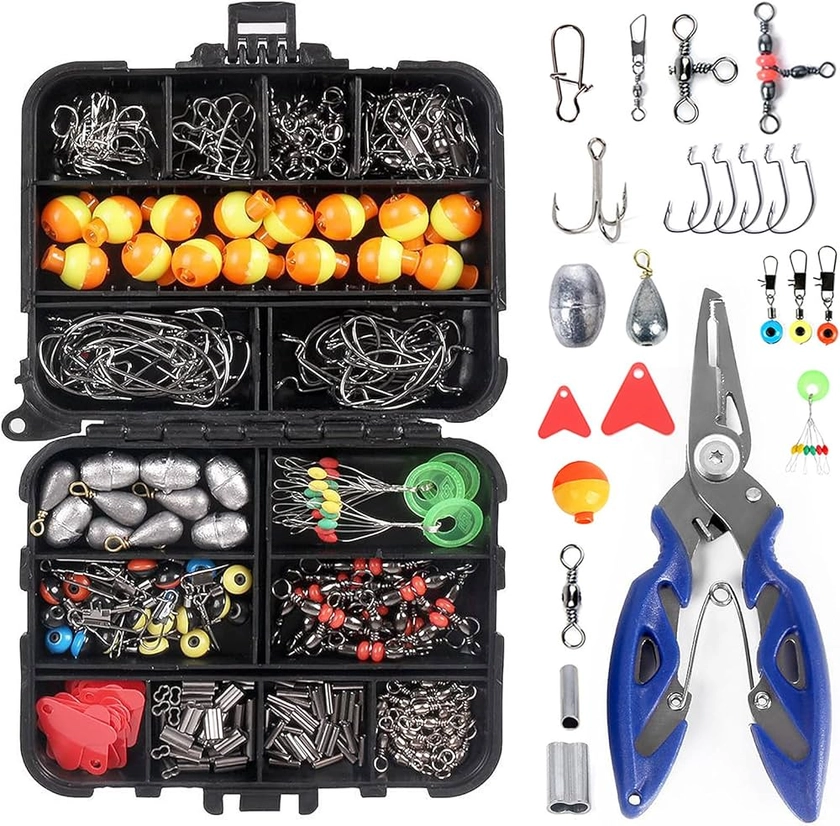doorslay 263pcs Fishing Accessories Set with Tackle Box Including Plier Jig Hooks Sinker Weight Swivels Snaps Sinker Slides