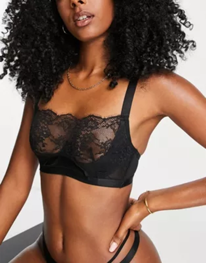 Hunkemoller - Madelyn - Soutien-gorge corbeille non rembourré en dentelle avec découpe - Noir | ASOS