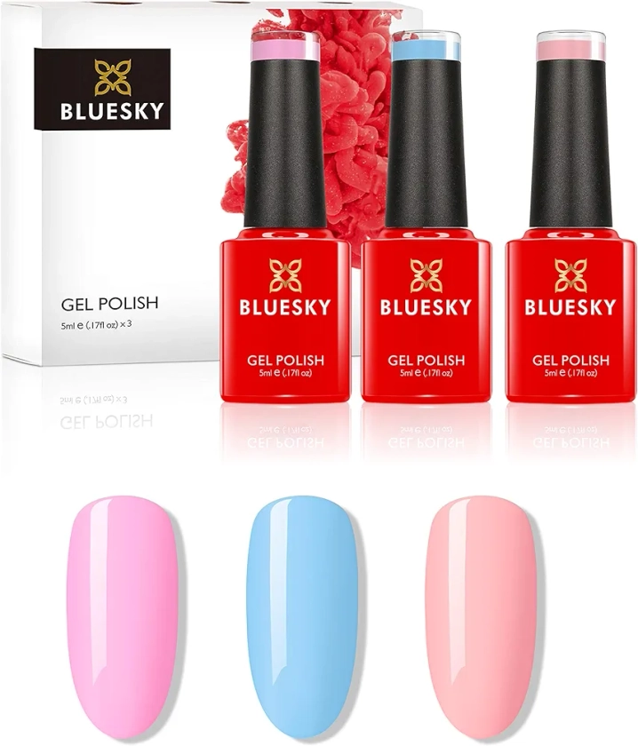 Bluesky Gel Nail Polish Set, Pastel Neon Collection, Strawberry Cream PN01, Blueberry Dream PN03, Peach Passion PN06 3 x 5 ml, Pink, Purple, Peach, Blue (Requires Curing Under UV/LED Lamp)