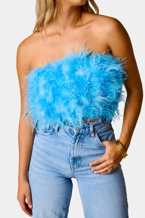 BuddyLove | Fancy Strapless Feather Crop Top | Azure Blue