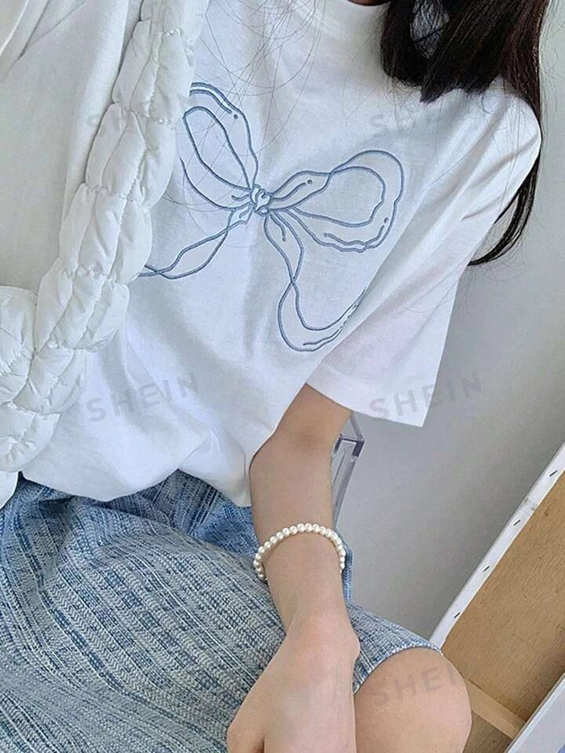 DAZY Women Summer Short Sleeve Round Neck Butterfly Embroidery Loose T-Shirt With Bow Tie