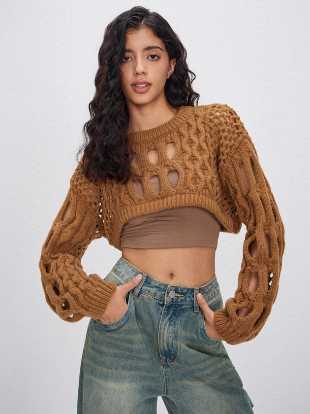 Knit Round Neckline Hollow Out Long Sleeve Crop Top